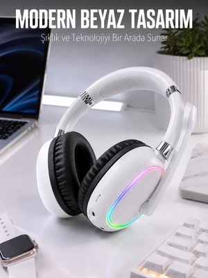 Ankaverse Kablosuz Bluetooth Mikrofonlu Beyaz Kulaklık  Rgb Işıklı