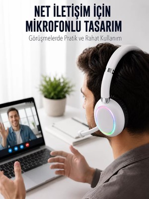 Ankaverse Bluetooth 5.0 Beyaz Kulak Üstü Kablosuz Kulaklık Mikrofonlu Rgb Aydınlatmalı