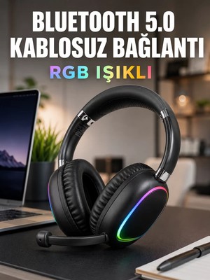 Ankaverse Bluetooth 5.0 Kablosuz Kulak Üstü Kulaklık Mikrofonlu Rgb Aydınlatmalı