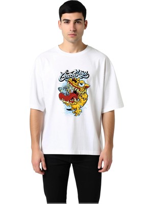 PayBuy Erkek Oversize Tişört %100 Pamuk Baskılı Vintage Canavar Tasarımı Rahat Kesim Günlük Giyim Modern