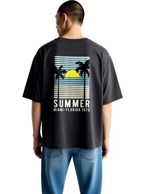PayBuy Erkek Oversize Tişört %100 Pamuk Retro Güneş Palmiye Baskılı Nostalji Sezonluk Rahat Kesim Günlük