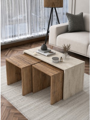 Nenu Nova Traverten Atlas Çam 2'li Zigon Orta Sehpa Modern Minimalist Salon Sehpası