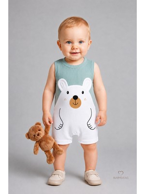 Babyden's Erkek Bebek Yazlık Ayıcık Baskılı Fitilli Tulum %100 Pamuk Kolsuz Şort Tulum Yenidoğan Bebek Romper 0-9 Ay