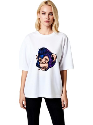 PayBuy Kadın Oversize Tişört Renkli Saçlı Şempanze Sigara Grafik Baskı Rahat Kesim Günlük Modern Şık Zarif