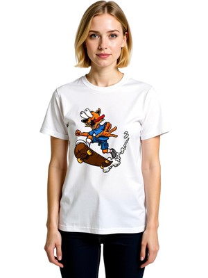 PayBuy Kadın Cartoon Kurt Kaykay Baskılı Rahat Kesim Kısa Kollu Yuvarlak Yaka Günlük Tişört Modern Şık