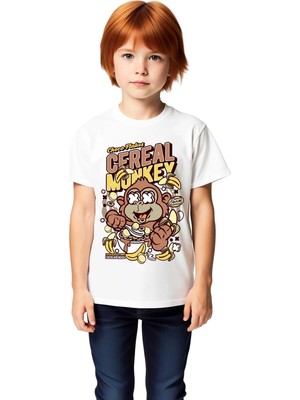 PayBuy Çocuk Retro Tahıl Kutusu Maymun Maskot Baskılı Grafik Tişört Pamuklu Konforlu Günlük Rahat Modern