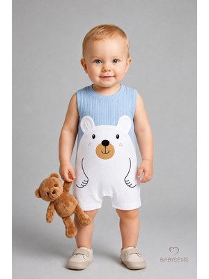 Babyden's Erkek Bebek Yazlık Ayıcık Baskılı Fitilli Tulum %100 Pamuk Kolsuz Şort Tulum Yenidoğan Bebek Romper 0-9 Ay