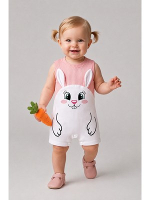 Babyden's Kız Bebek Tulum Yazlık %100 Pamuk Ribana Kolsuz Tavşan Baskılı Çıtçıtlı Bebek Tulumu 0-9 Ay