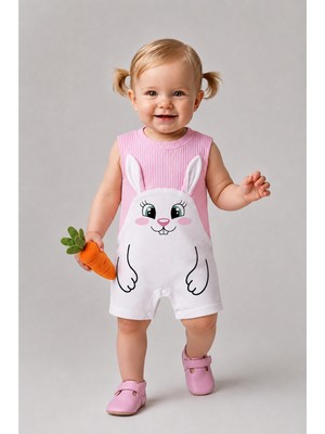 Babyden's Kız Bebek Tulum Yazlık %100 Pamuk Ribana Kolsuz Tavşan Baskılı Çıtçıtlı Bebek Tulumu 0-9 Ay