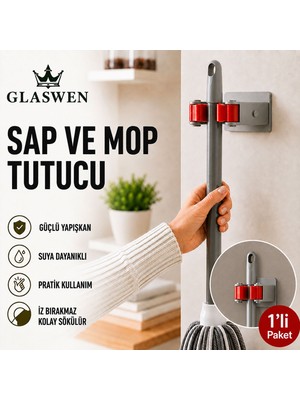 Glaswen Paspas Süpürge Fırça ve Mop Askısı Sap Tutucu Mutfak Banyo Askı Yapışkanlı Düzenleyici Askılık