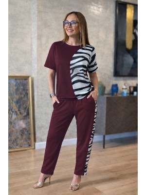 İkales Ikales Kadın Kısa Kollu Bisiklet Yaka Zebra Desen Bluz ve Pantolon Ikili Takım