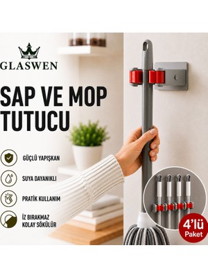 Glaswen 4 Adet Paspas Süpürge Fırça ve Mop Askısı Sap Tutucu Mutfak Banyo Askı Yapışkanlı Düzenleyici Askılık