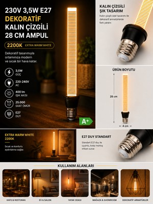 Avarson Osaka 3,5W 2200K Sarı Işık dekoratif Kalın Çizgili 28 CM E27 Duylu Ampul