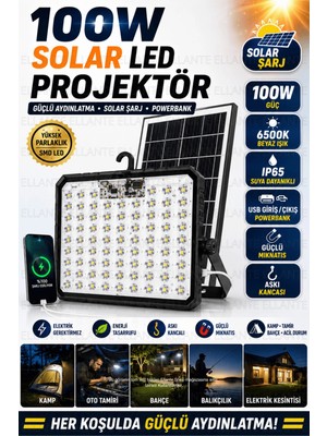 Ellante 100W Solar LED Projektör USB Powerbank Özellikli Şarjlı Kamp Lambası IP65 Su Geçirmez Bahçe ve Acil Durum Aydınlatması