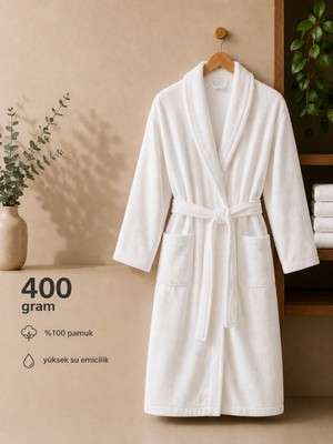 %100 Pamuk Unisex Bornoz Beyaz 400 Gram