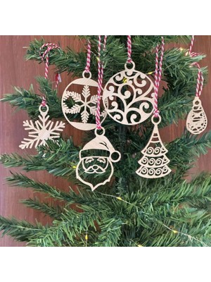 Hace Bazaar 6 Parça Kırmızı Beyaz Ipli Noel Babalı ve Kar Tanesi Model Ahşap Yılbaşı Ağaç Süsü (4887)