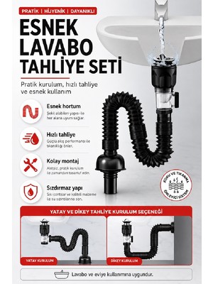 Glftech Esnek Lavabo Tahliye Seti – Koku ve Geri Akış Önlemeye Yardımcı Sifonlu Gider Hortumu