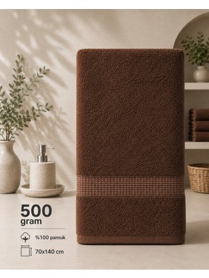 %100 Pamuk 70X140 Ara Bordür  Banyo ve Vücut Havlusu Kahverengi 500 Gram