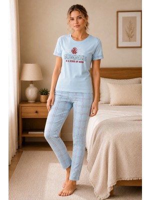 Hace Bazaar Kadın Pamuklu Penye Baskılı Kısa Kollu Bisiklet Yaka Ekose Desenli Pijama Takımı - Mavi -Hcb