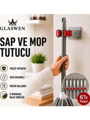 Glaswen 6 Adet Paspas Süpürge Fırça ve Mop Askısı Sap Tutucu Mutfak Banyo Askı Yapışkanlı Düzenleyici Askılık