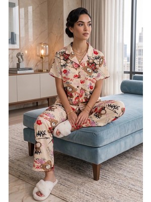 Ang Butik Ekru Ayıcık Desenli Kısa Kollu Gömlek Yaka Milan Kumaş Kadın Pijama Takımı