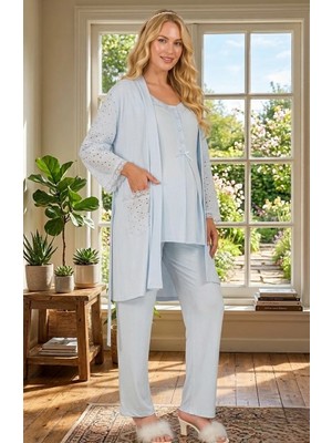 Lohussa Yeni Sezon Mavi Kısa Kol Fisto Keten Detaylı Tasarım Yazlık Hamile Lohusa Sabahlık Pijama Takım Set