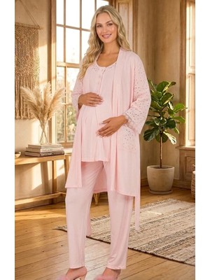 Lohussa Yeni Sezon Pudra Kısa Kol Fisto Keten Detaylı Tasarım Yazlık Hamile Lohusa Sabahlık Pijama Takım Set