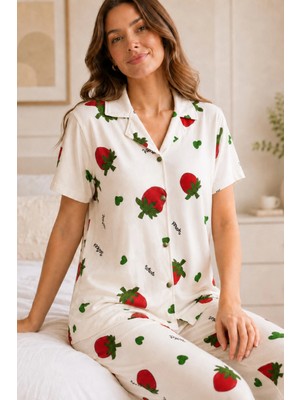 Ang Butik Ekru Çilek Desenli Kısa Kollu Gömlek Yaka Milan Kumaş Kadın Pijama Takımı
