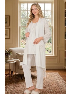 Lohussa Yeni Sezon Ekru Kısa Kol Fisto Keten Detaylı Tasarım Yazlık Hamile Lohusa Sabahlık Pijama Takım Set
