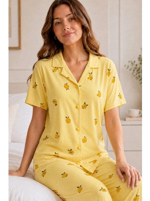 Ang Butik Sarı Limon Desenli Kısa Kollu Gömlek Yaka Milan Kumaş Kadın Pijama Takımı