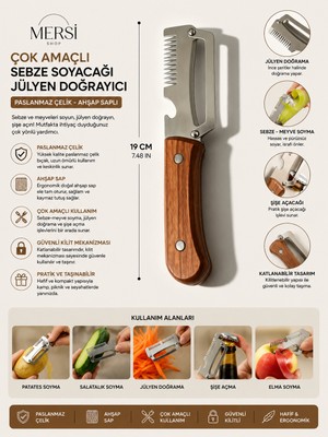 Mersi Shop Çok Amaçlı Sebze Soyacağı Jülyen Doğrayıcı Paslanmaz Çelik Meyve Soyma ve Şişe Açacağı