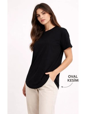 Aesco Basic T-Shirt Kısa Kol Bisiklet Yaka Oval Kesim Tişört - Siyah