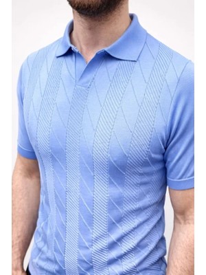 Aesco Erkek Yazlık Triko Dokuma Tişört Kısa Kol Polo Yaka T-Shirt - Bebek Mavisi