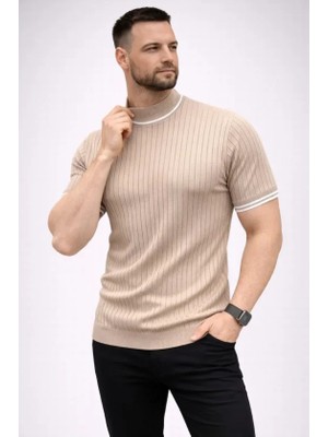Aesco Erkek Fitilli Triko Dokuma Kısa Kol Tişört Yarım Boğaz Modern Yazlık T-Shirt - Bej