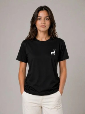 Aesco Minimal Geyik Logolu Tişört Bisiklet Yaka Kısa Kol Yazlık T-Shirt - Siyah