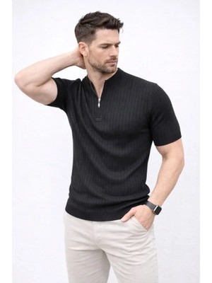 Aesco Erkek Kısa Kol Fitilli Triko T-Shirt Yazlık Hakim Yaka Tişört - Siyah