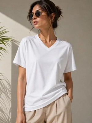 Aesco V Yaka Basic Tişört Kısa Kol Yazlık Regular Fit T-Shirt - Beyaz