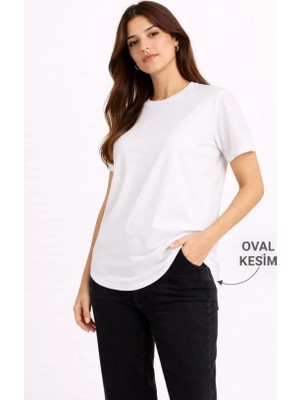 Aesco Basic T-Shirt Kısa Kol Bisiklet Yaka Oval Kesim Tişört - Beyaz