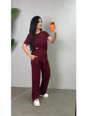 Aesco Kadın Kısa Kollu Bisiklet Yaka Yandan Toka Detaylı Viskon Iki Iplik Bluz ve Pantolon Ikili Takım