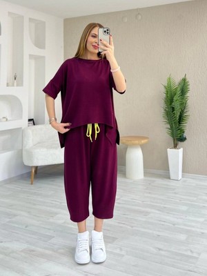 Aesco Kadın Kısa Kollu Bisiklet Yaka Viskon Iki Iplik Bluz ve Pantolon Ikili Takım