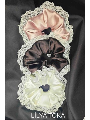 Kadın Dantelli 15CM Saten Saç Lastik Scrunchie Toka Seti
