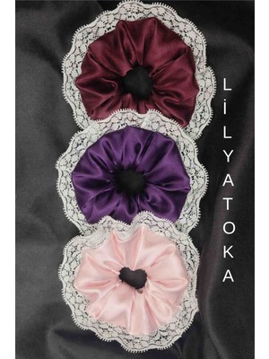 Kadın Dantelli 15CM Saten Saç Lastik Scrunchie Toka Seti