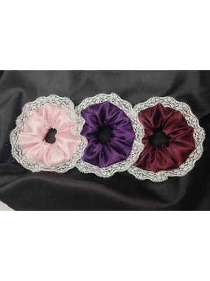 Kadın Dantelli 15CM Saten Saç Lastik Scrunchie Toka Seti