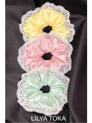 Kadın Dantelli 15CM Saten Saç Lastik Scrunchie Toka Seti
