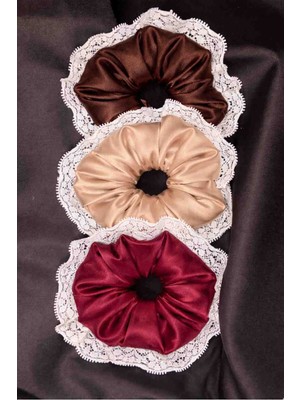 Kadın Dantelli 15CM Saten Saç Lastik Scrunchie Toka Seti