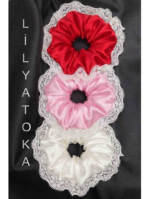Kadın Dantelli 15CM Saten Saç Lastik Scrunchie Toka Seti