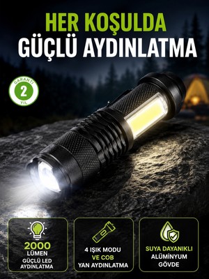 Epilons 4 Modlu USB Şarjlı LED El Feneri Kamp ve Outdoor