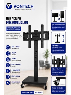 Antenci Vontech T65100RTS 65-100'' Tekerlekli Ayaklı Lcd-Led Tv Standı