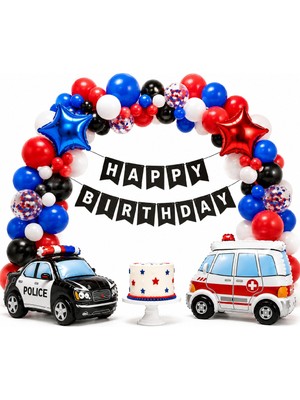 Bkmc Polis & Ambulans Doğum Günü Süsleme Seti - Happy Birthday Balon Zinciri Parti Konsepti, Polis Arabası ve Ambulans Folyo Balonlu Çocuk Parti Malzemeleri