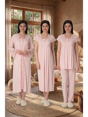 Lohussa Kadın Pembe Prenses Kollu Pamuklu Hamile Lohusa Sabahlık Gecelik Pijama Takımı 4'Lü Lohusa Seti